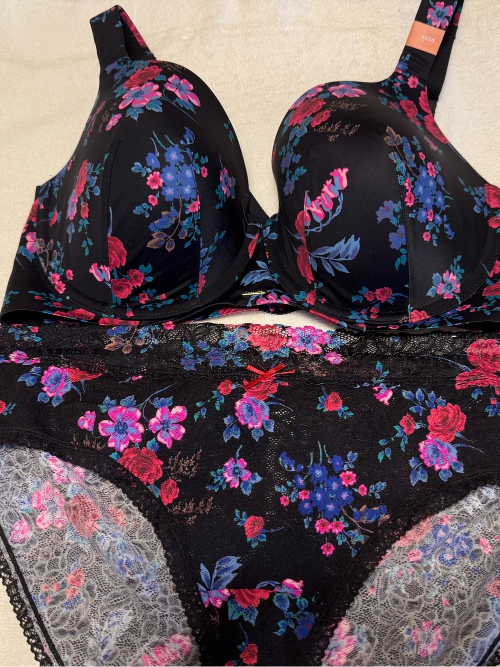 Cacique Floral Lace Underwire Bra & Lace Brief Set - Black Floral